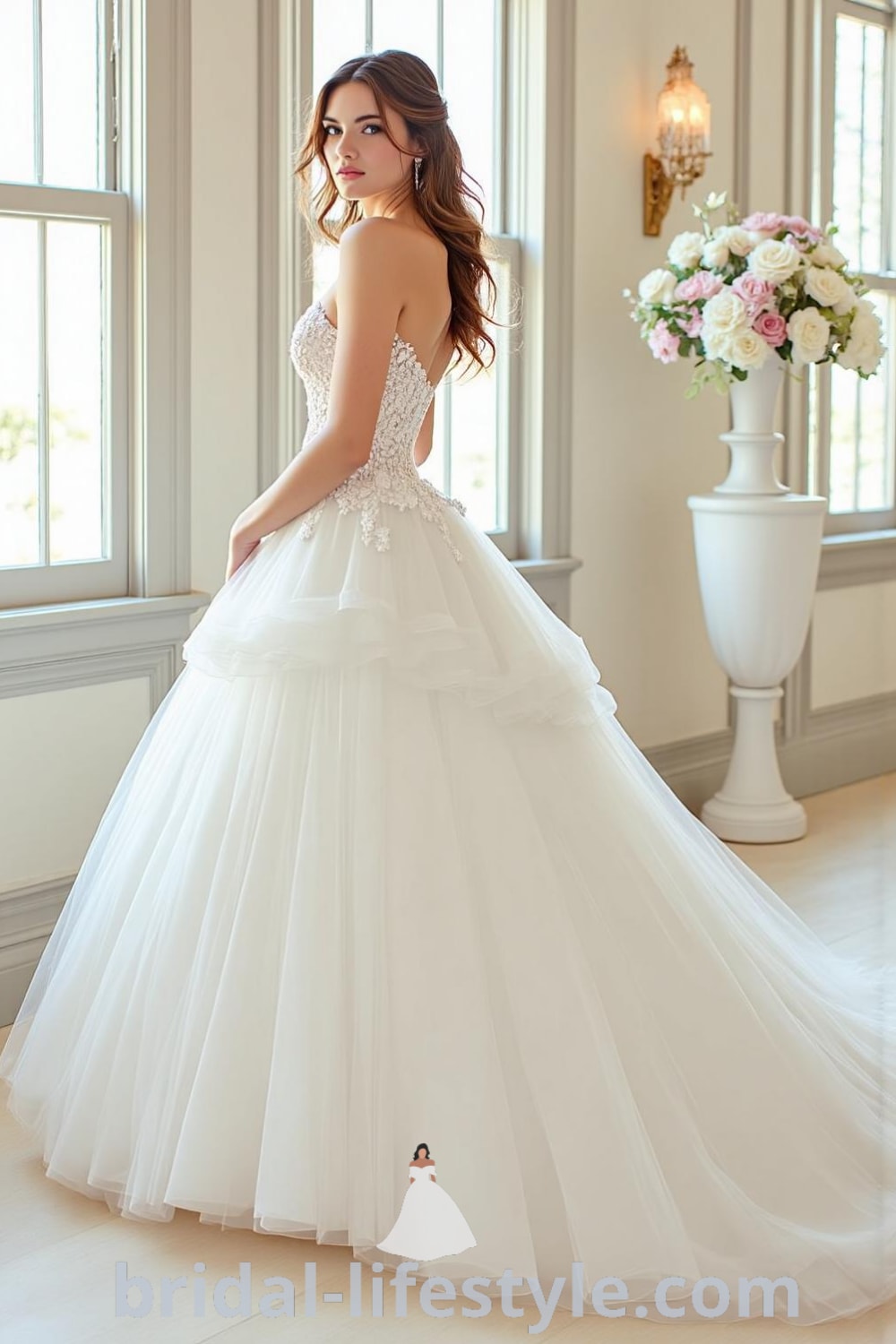 Majestic Princess Tail wedding dress with soft tulle and satin layers, off-the-shoulder neckline, and delicate lace appliqués on the bodice, featuring a voluminous skirt. bridal-lifestyle.com