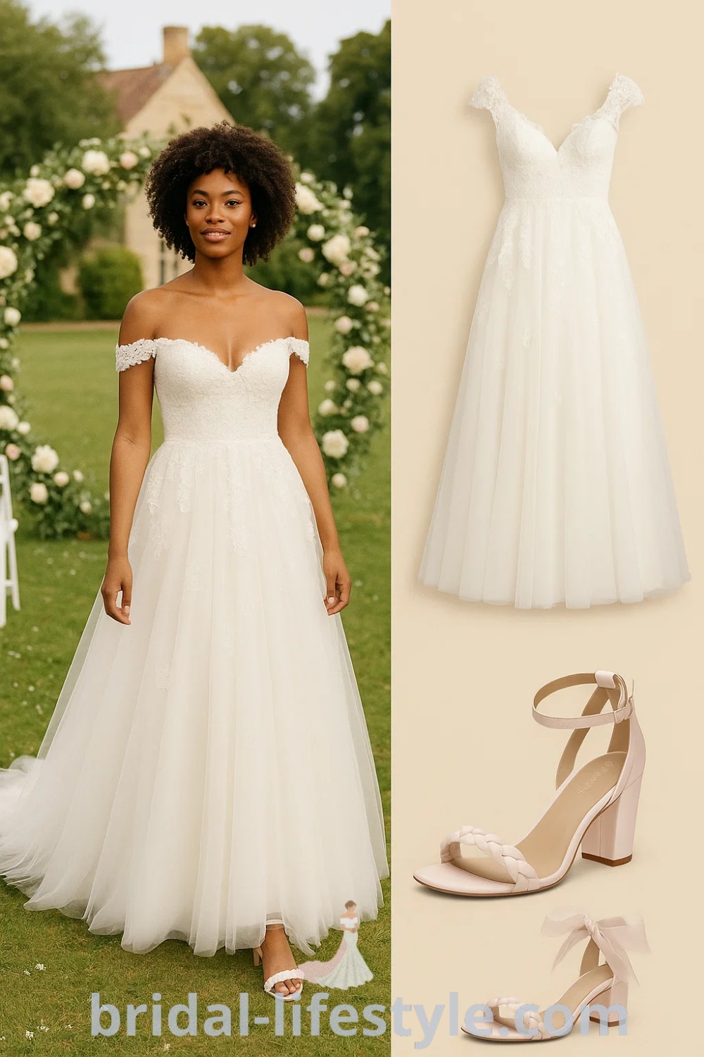 A-Line Lace wedding dress in white with off-shoulder lace detailing, paired with light pink block heel sandals, ideal for formal occasions, romantic weddings, and beach brides at pinshoesoutfits.com.