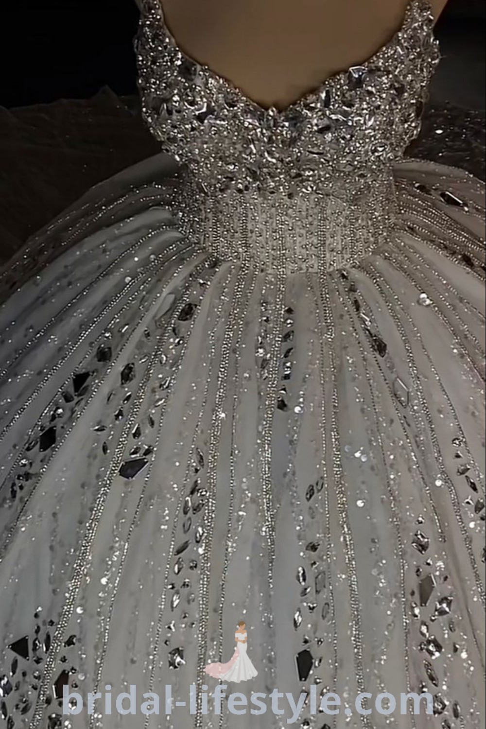A stunning back view of a glittery wedding dress with sequins, showcasing its sparkling details ideal for dreamy brides seeking inspiration for their special day. This Cinderella wedding dress embodies elegance and charm, perfect for the best aesthetic ideas at bridal-lifestyle.com.