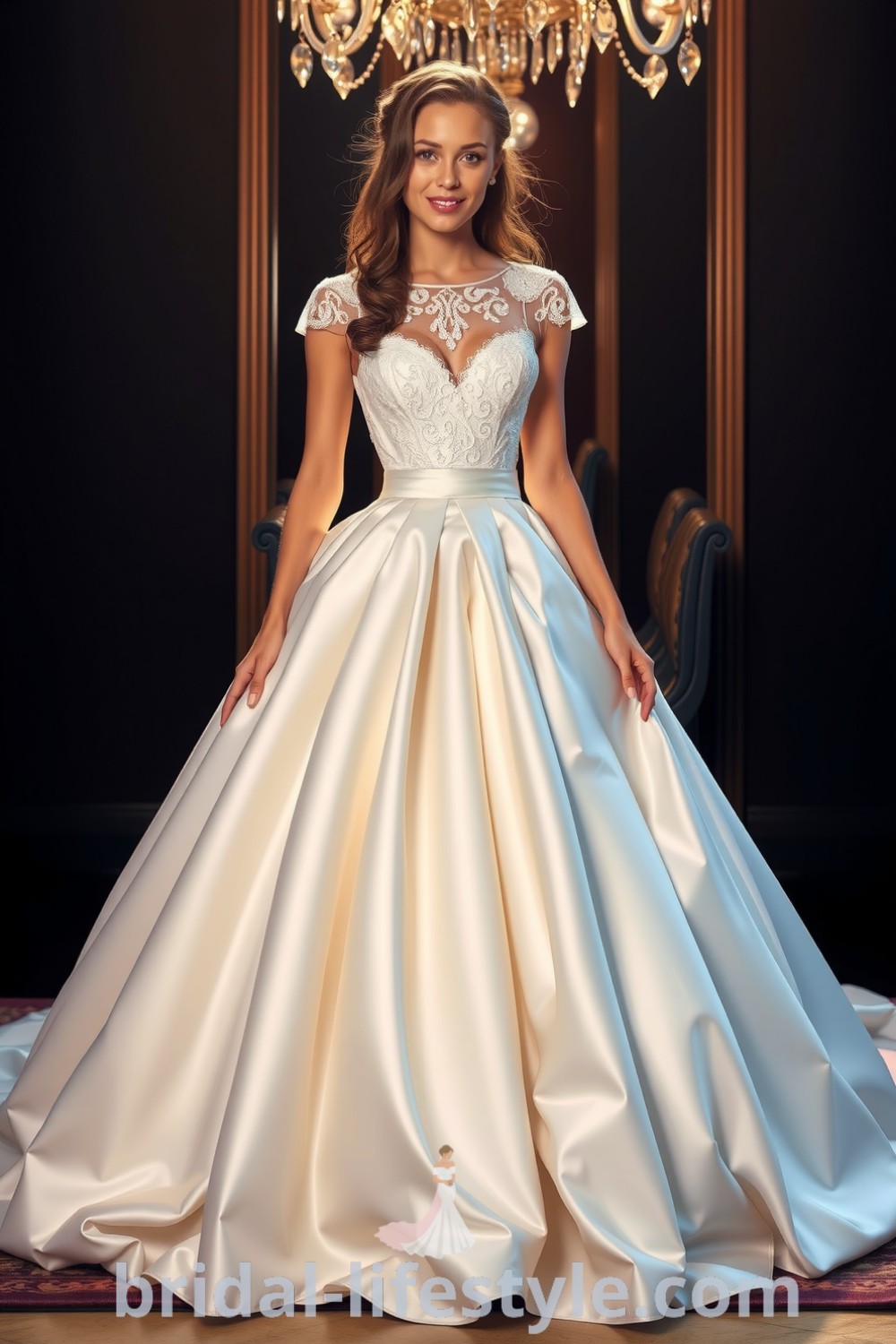 Enchanting princess ballgown with luxurious satin fabric, striking silhouette, lace appliqués on bodice, and voluminous skirt, perfect for dreamy brides. bridal-lifestyle.com