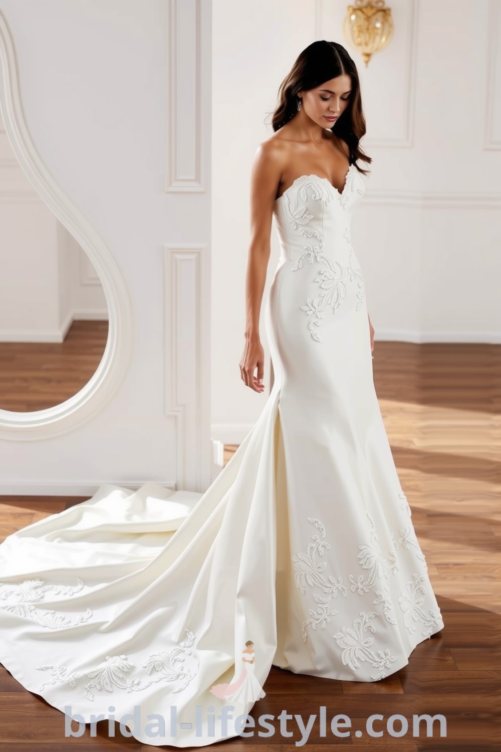 Elegant mermaid wedding dress with detachable skirt, luxurious satin fabric, intricate lace appliqués, and delicate beading. bridal-lifestyle.com