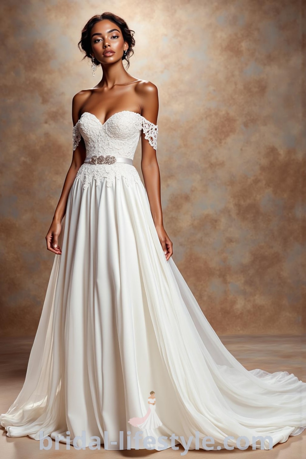 A-line wedding dress with off-the-shoulder neckline, shimmering satin fabric, intricate lace appliqué, and a subtle sweep train. bridal-lifestyle.com