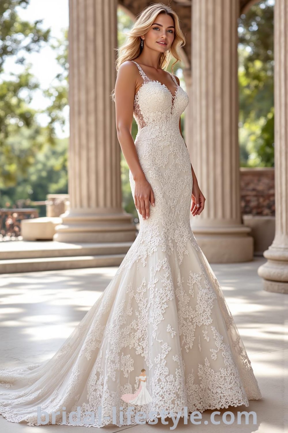 Mermaid wedding dress featuring intricate lace overlay, sweetheart neckline, flared skirt, cascading train, and scalloped lace edges, with subtle shimmer. bridal-lifestyle.com