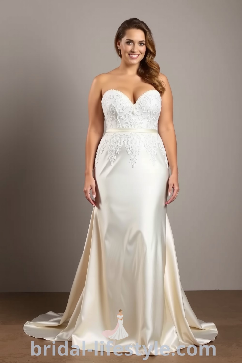 Fit and flare plus size wedding dress made of luxurious satin, featuring a sweetheart neckline with intricate lace detailing that cascades down the bodice, flaring elegantly at the hem. bridal-lifestyle.com