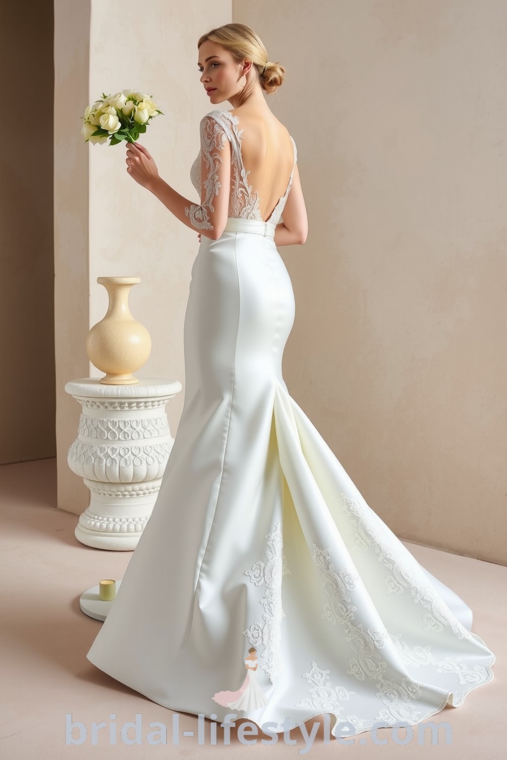 Mermaid wedding dress with fitted bodice, satin fabric, lace appliqués, and detachable skirt. Ideal for elegant and dreamy brides on their special day. bridal-lifestyle.com