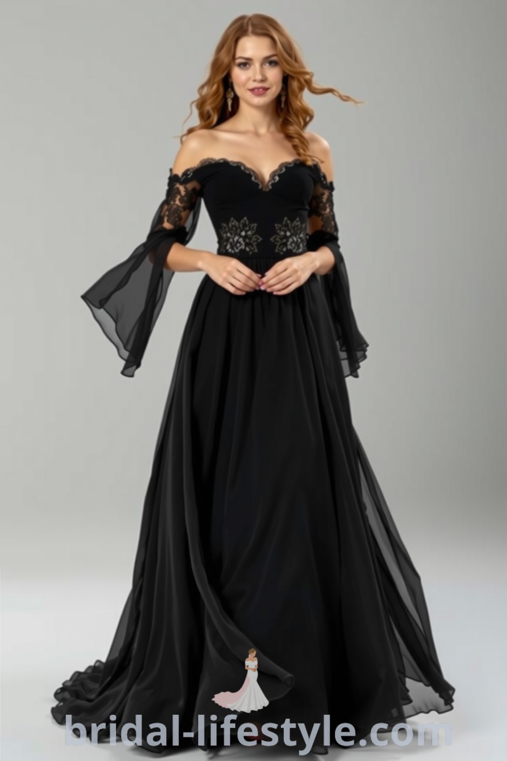 Boho black wedding dress featuring flowing chiffon layers, intricate lace detailing on off-the-shoulder sleeves, and a romantic silhouette. bridal-lifestyle.com