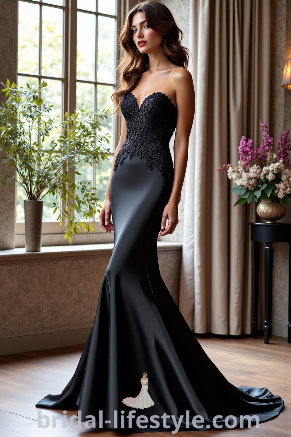 A striking black satin mermaid wedding dress with a fitted bodice adorned with lace appliqué, a flared skirt, and a dramatic train, featuring a sweetheart neckline. pinshoesoutfits.com