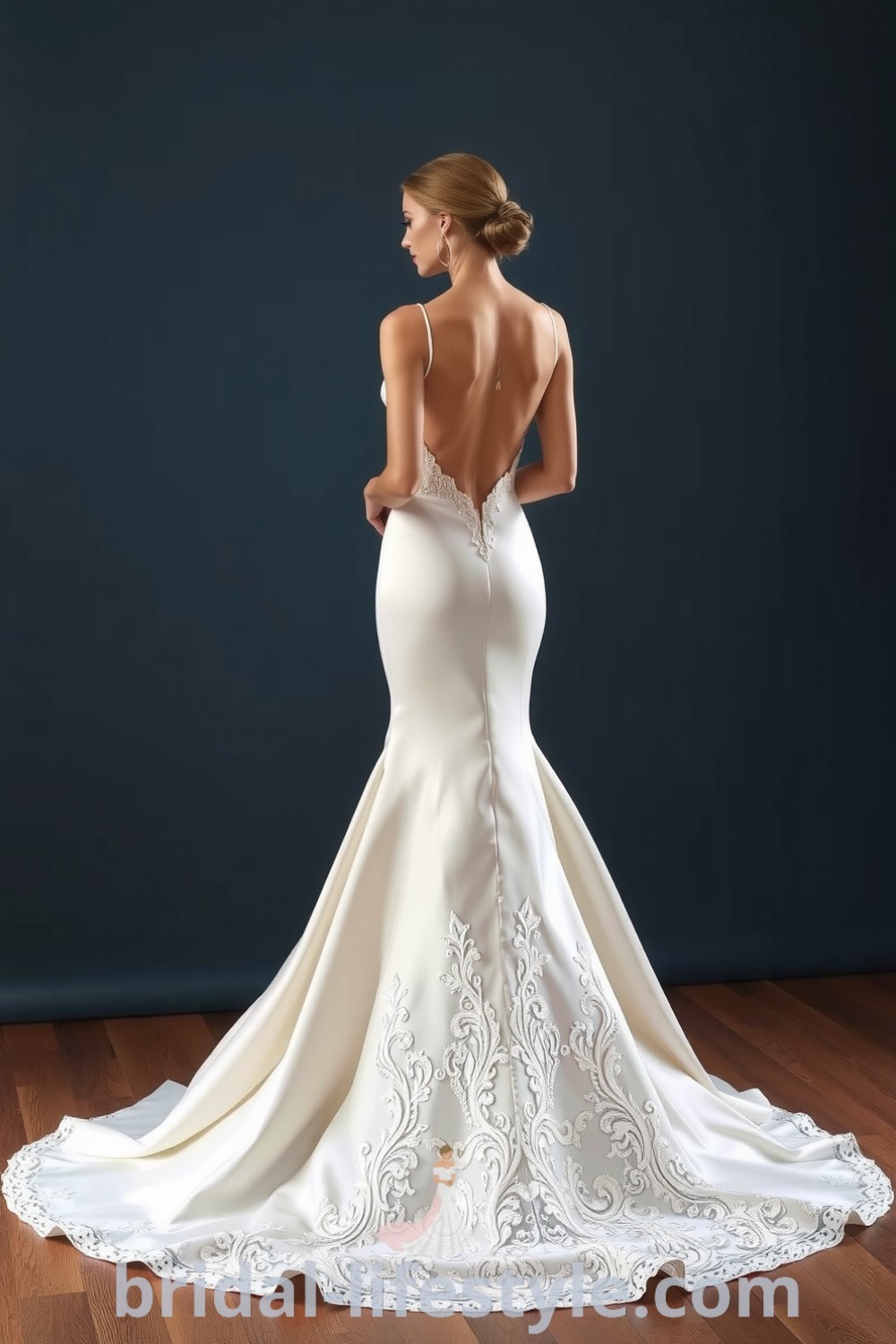 Elegant mermaid wedding dress with open back, luxurious satin fabric, delicate lace overlay, and sophisticated tailoring for dreamy brides. bridal-lifestyle.com