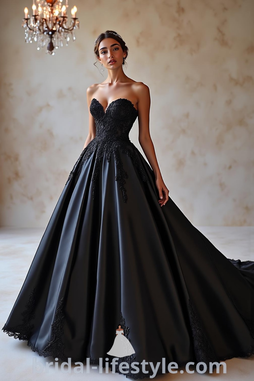 Luxurious black satin wedding dress with lace details, sweetheart neckline bodice, and a full skirt, embellished with embroidered accents. bridal-lifestyle.com