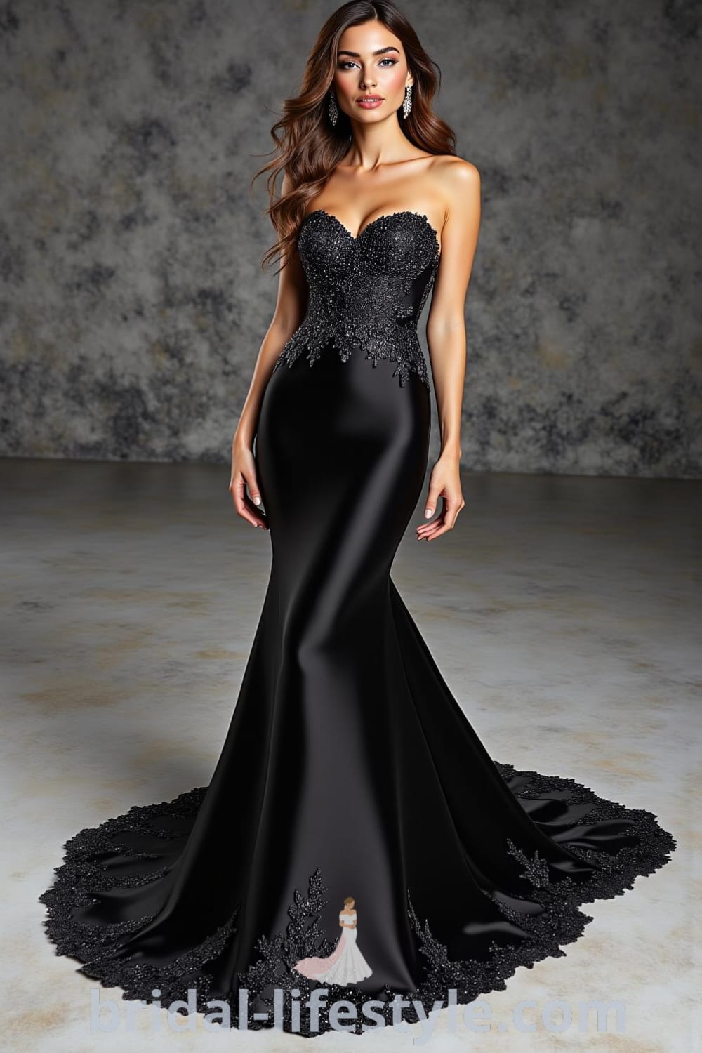 A stunning black satin mermaid wedding dress with sweetheart neckline and lace appliqués, featuring a dramatic silhouette and a floor-length train, designed to enhance elegance and sophistication. pinshoesoutfits.com