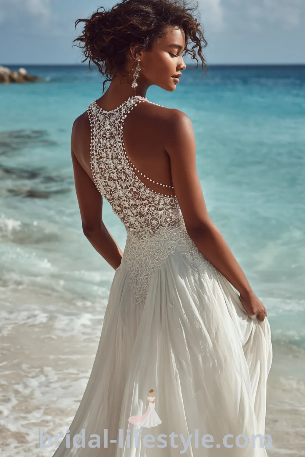Boho beach wedding dress with flowing chiffon skirt, crochet lace details, natural elegance bridal, relaxed bridal look.