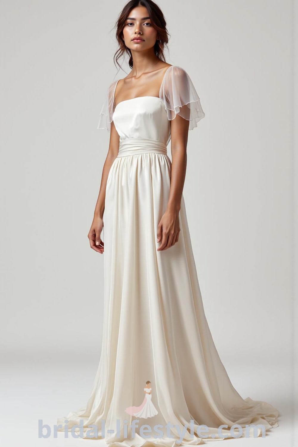 Minimalist wedding dress with a draped satin silhouette, boat neckline, open back, and delicate waist seams, designed for a modern bride. bridal-lifestyle.com