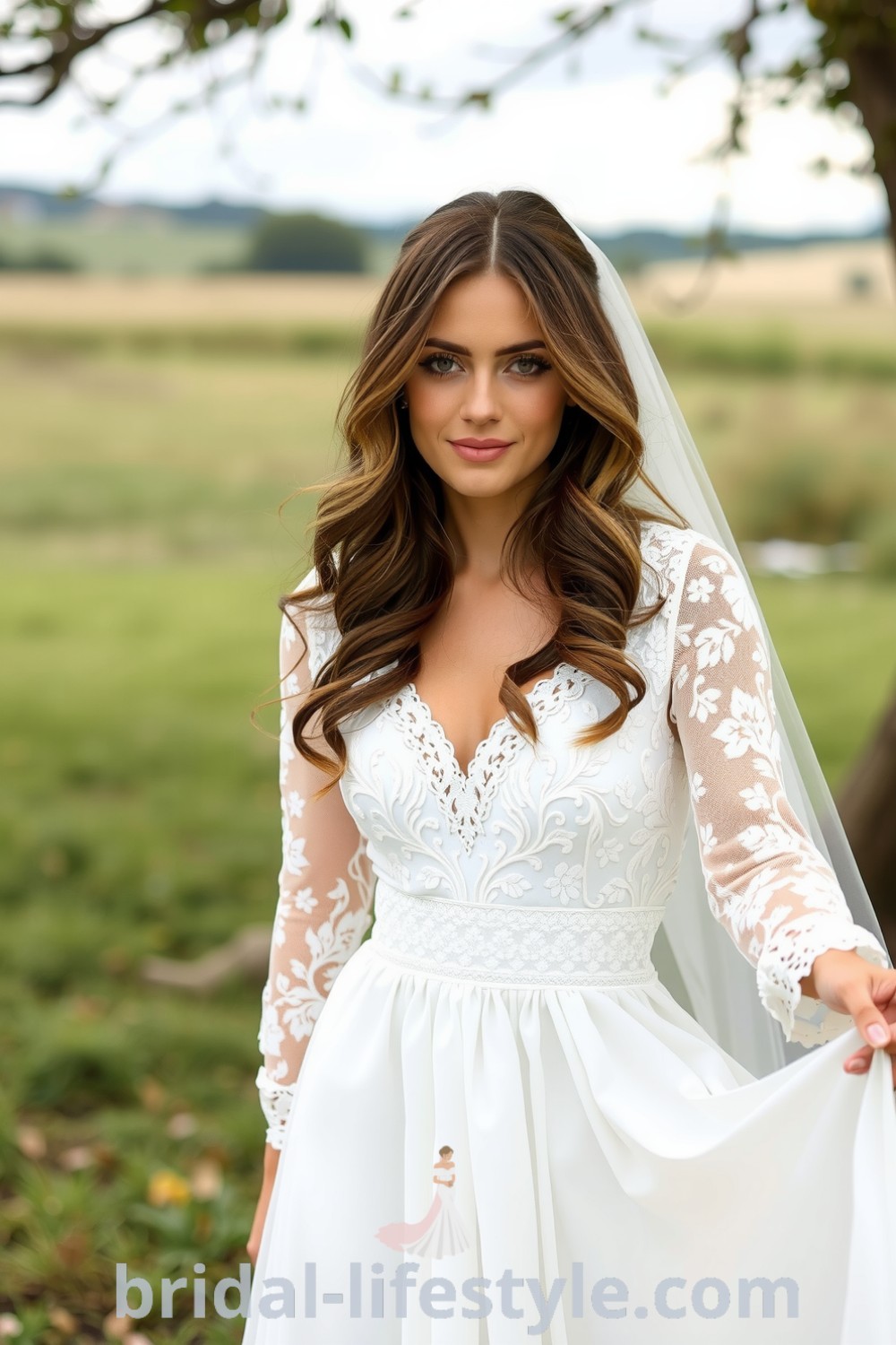 Boho long sleeve wedding dress featuring floral lace appliqués, a scalloped neckline, and a flowing skirt, perfect for a rustic outdoor ceremony. bridal-lifestyle.com