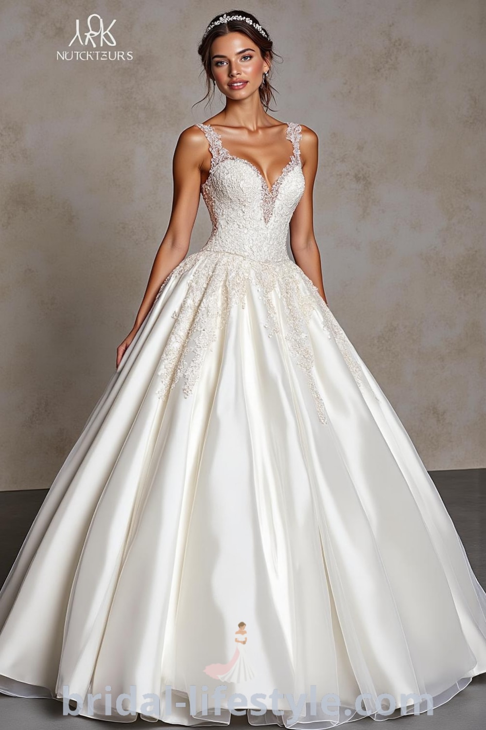 Princess Tail wedding dress with fitted lace bodice, intricate beadwork, voluminous satin and tulle skirt, and delicate sheer overlay. bridal-lifestyle.com