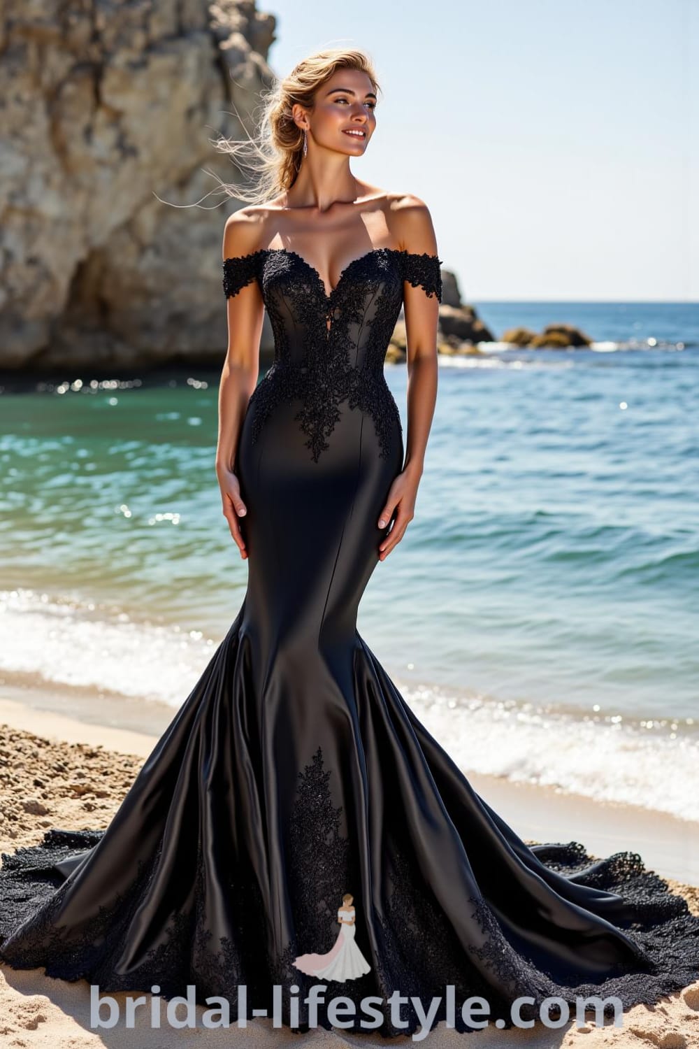 Elegant black satin mermaid wedding dress with intricate lace appliqués, fitted bodice, dramatic flared skirt, and off-the-shoulder neckline. pinshoesoutfits.com