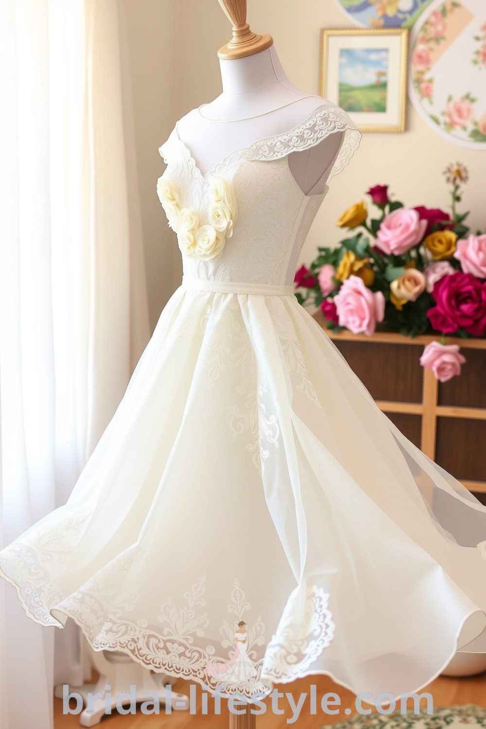 Charming vintage short wedding dress with floral appliqués and airy lace on bridal-lifestyle.com, perfect for dreamy brides and inspiration looks for the special day.