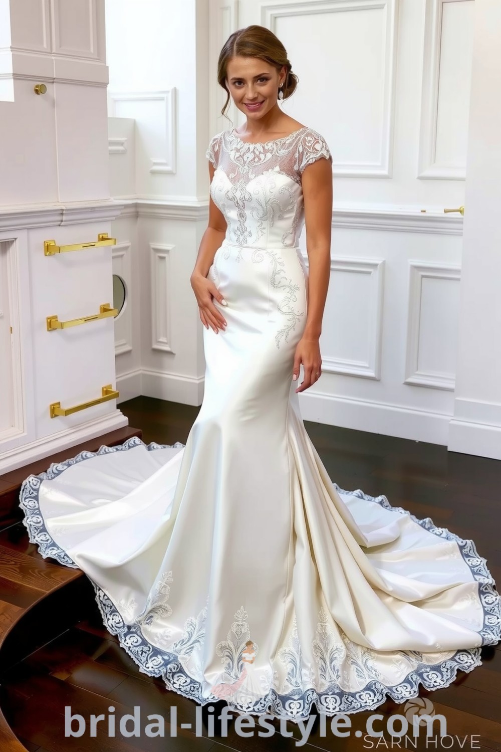 Elegant mermaid wedding dress adorned with intricate lace, featuring a detachable skirt and soft satin layers, perfect for dreamy brides seeking inspiration for their special day. bridal-lifestyle.com