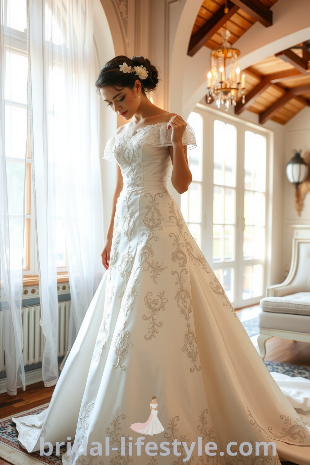 Victorian wedding dress featuring an A-line silhouette, intricate floral embroidery, off-the-shoulder neckline with ruffles, and a flowing full skirt. bridal-lifestyle.com