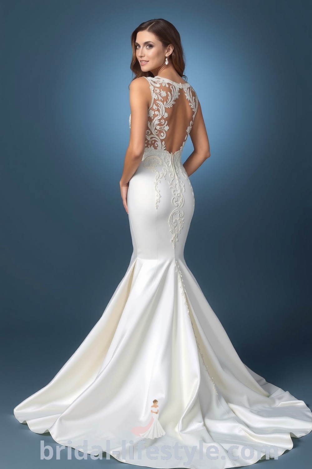 Mermaid wedding dress with lace overlay and dramatic train, featuring an open back design and soft satin fabric, perfect for elegant brides looking for dreamy aesthetic ideas for their special day. bridal-lifestyle.com