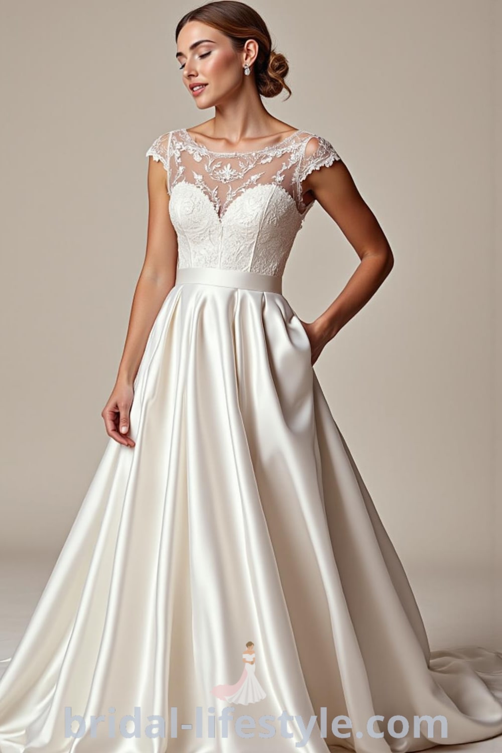 Elegant A-line satin wedding dress with a sweetheart neckline, lace appliqués, and a flowing silhouette, designed for a timeless garden ceremony. bridal-lifestyle.com