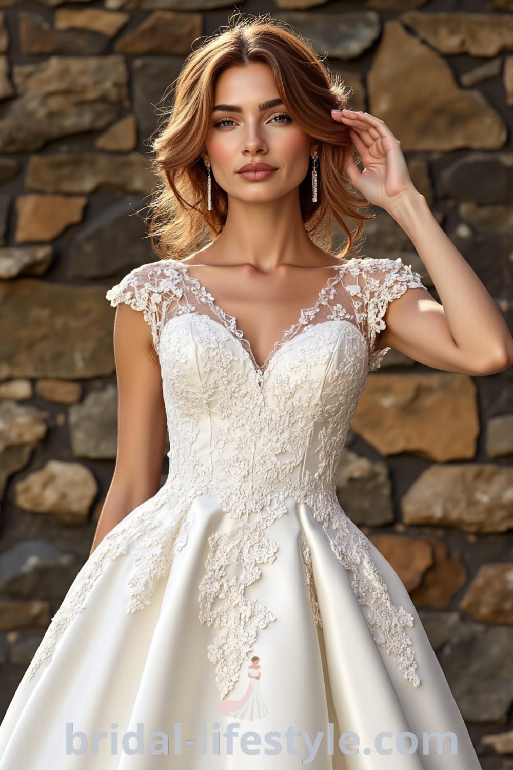A-line wedding dress featuring a lace bodice, flowing satin skirt, delicate cap sleeves, and a semi-transparent back, with embroidered lace appliqués. bridal-lifestyle.com
