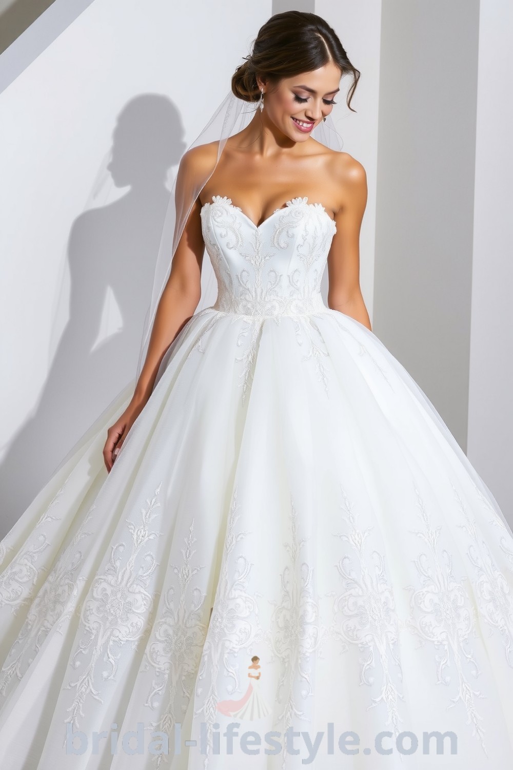 Elegant Princess Glitter wedding dress with shimmering organza layers, full ball gown silhouette, sweetheart neckline with lace appliqués, and enchanting sparkles for dreamy brides. bridal-lifestyle.com