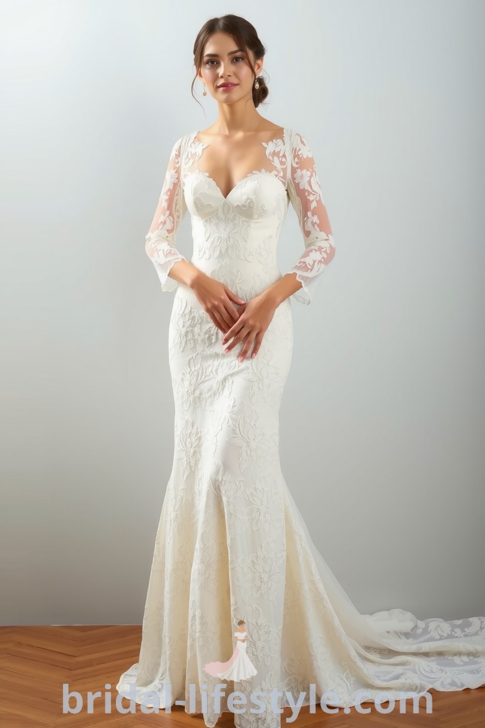 Vintage lace wedding dress with fitted bodice, flowing A-line skirt, sweetheart neckline, and soft sleeves, adorned with floral patterns. bridal-lifestyle.com