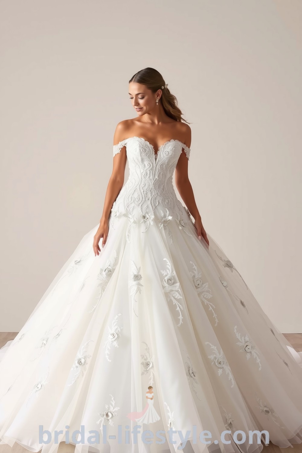 A stunning princess wedding dress featuring a fitted bodice with lace appliqués and beadwork, a voluminous sparkling skirt, and layers of tulle and satin, showcasing elegance and modern glamour for dreamy brides. bridal-lifestyle.com