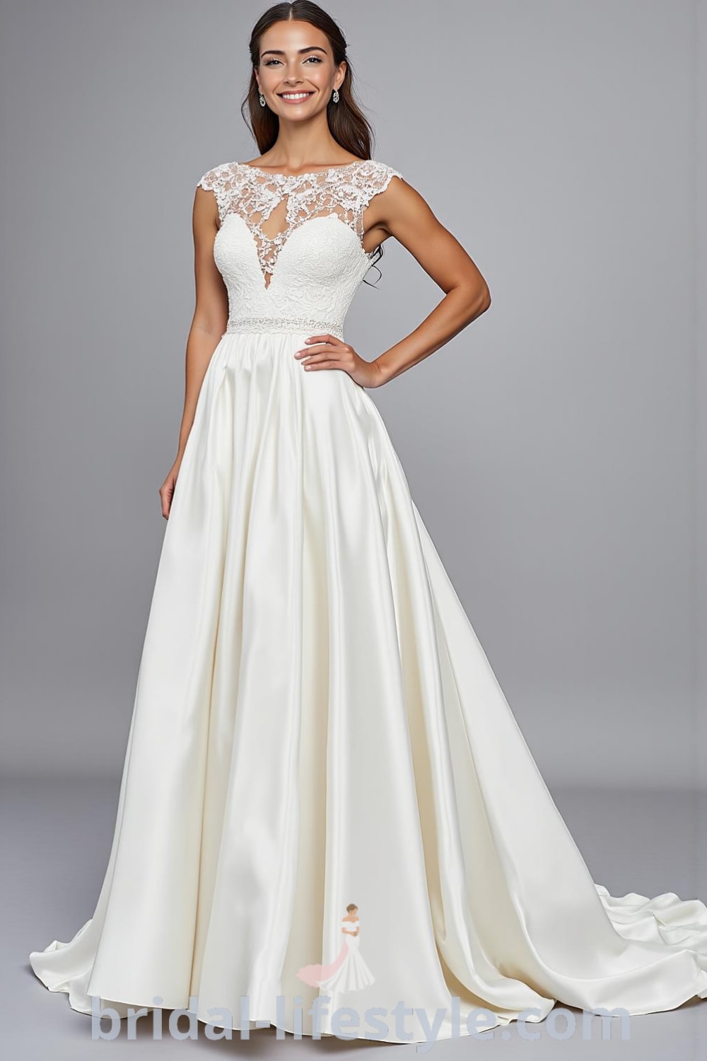 A-line wedding dress with boat neck design, soft satin fabric, cascading skirt, and delicate lace appliqués on the bodice. bridal-lifestyle.com