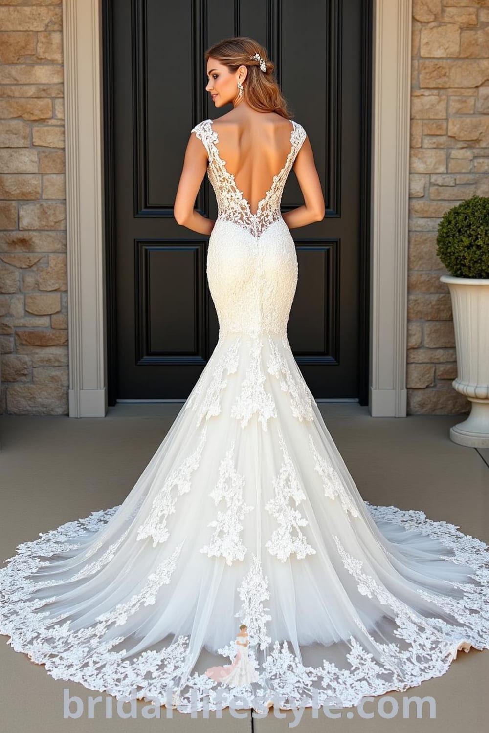 Mermaid wedding dress with intricate lace appliqués, fitted silhouette, subtle flare, dramatic train, delicate cap sleeves, and plunging back. bridal-lifestyle.com