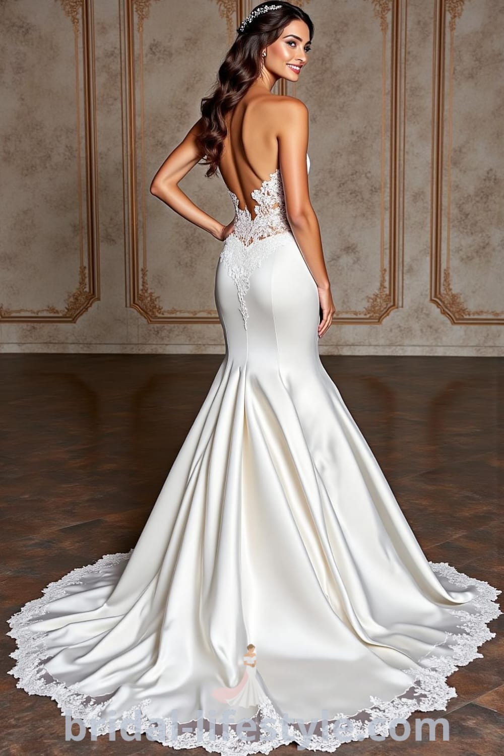 Mermaid wedding dress with luxurious satin fabric, deep sweetheart neckline, intricate lace detailing, and a detachable chiffon train. bridal-lifestyle.com