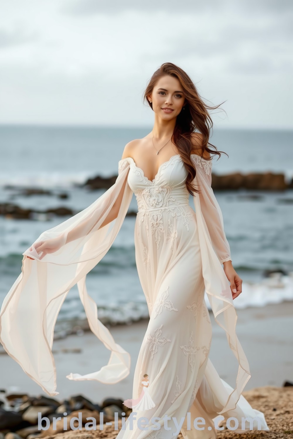 A stunning boho beach wedding dress with off-the-shoulder sleeves, flowing lace layers, and floral embroidery, set against a tranquil ocean background, perfect for dreamy brides. bridal-lifestyle.com