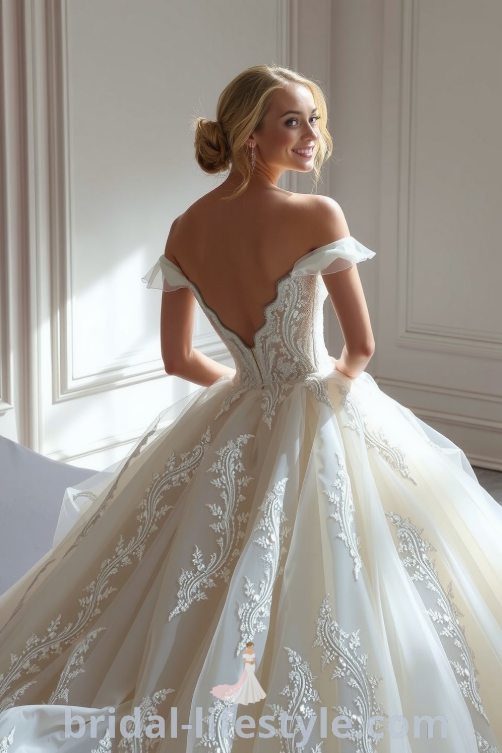 Luxurious Princess Glitter wedding dress with shimmering tulle and satin, off-shoulder neckline, intricate lace appliqués, and a voluminous ball gown silhouette, perfect for dreamy brides. bridal-lifestyle.com