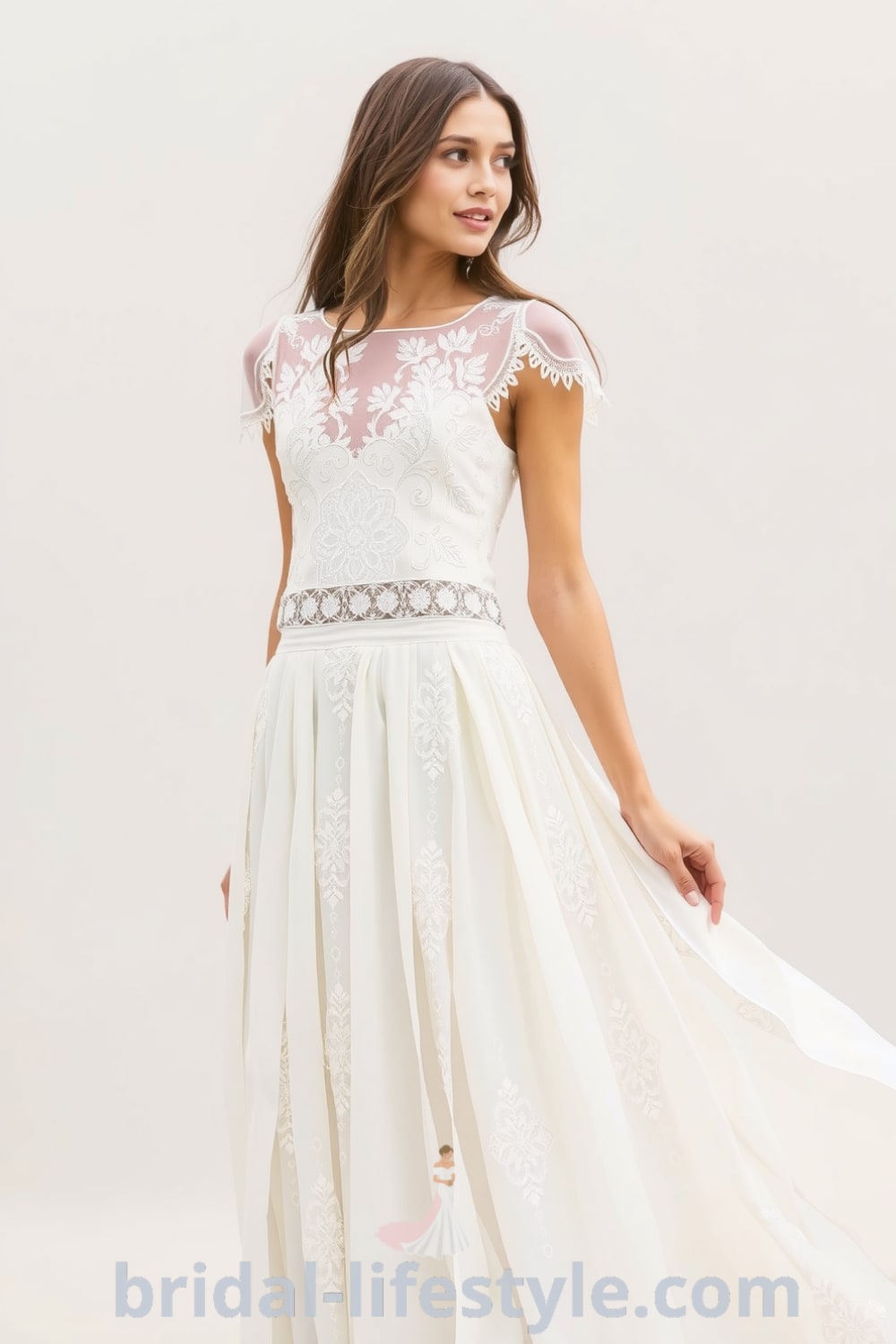 Two-piece boho wedding dress featuring embroidered lace overlays, a cropped top with scalloped edges, and a flowing maxi skirt in soft chiffon. bridal-lifestyle.com