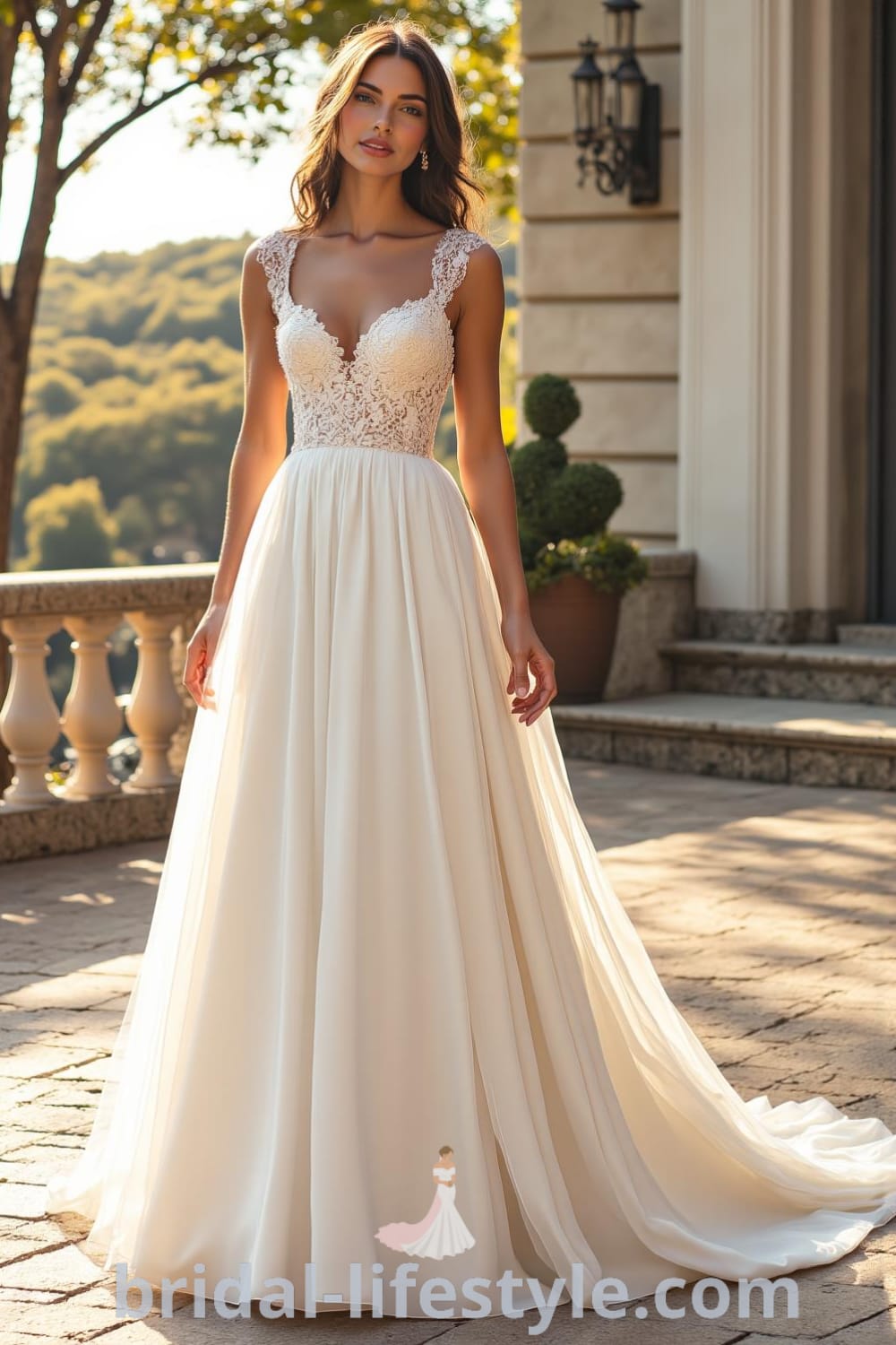 A-line wedding dress made of luxurious satin with embroidered cap sleeves and a heart-shaped neckline, featuring a flowing skirt that creates a dreamy silhouette. bridal-lifestyle.com