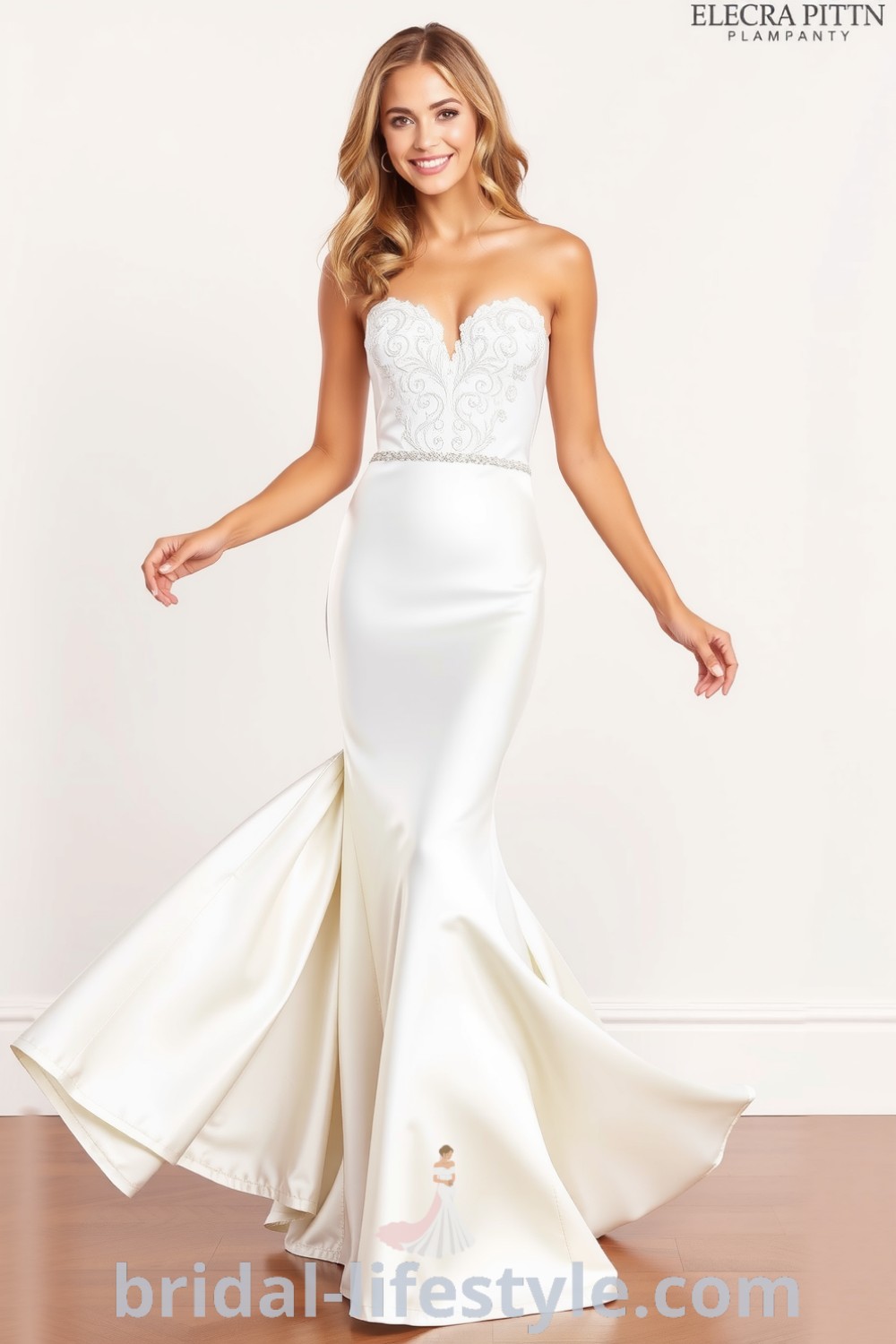 Elegant satin fit and flare wedding dress with lace appliqués, flaring below the knee, perfect for dreamy brides on their special day. bridal-lifestyle.com