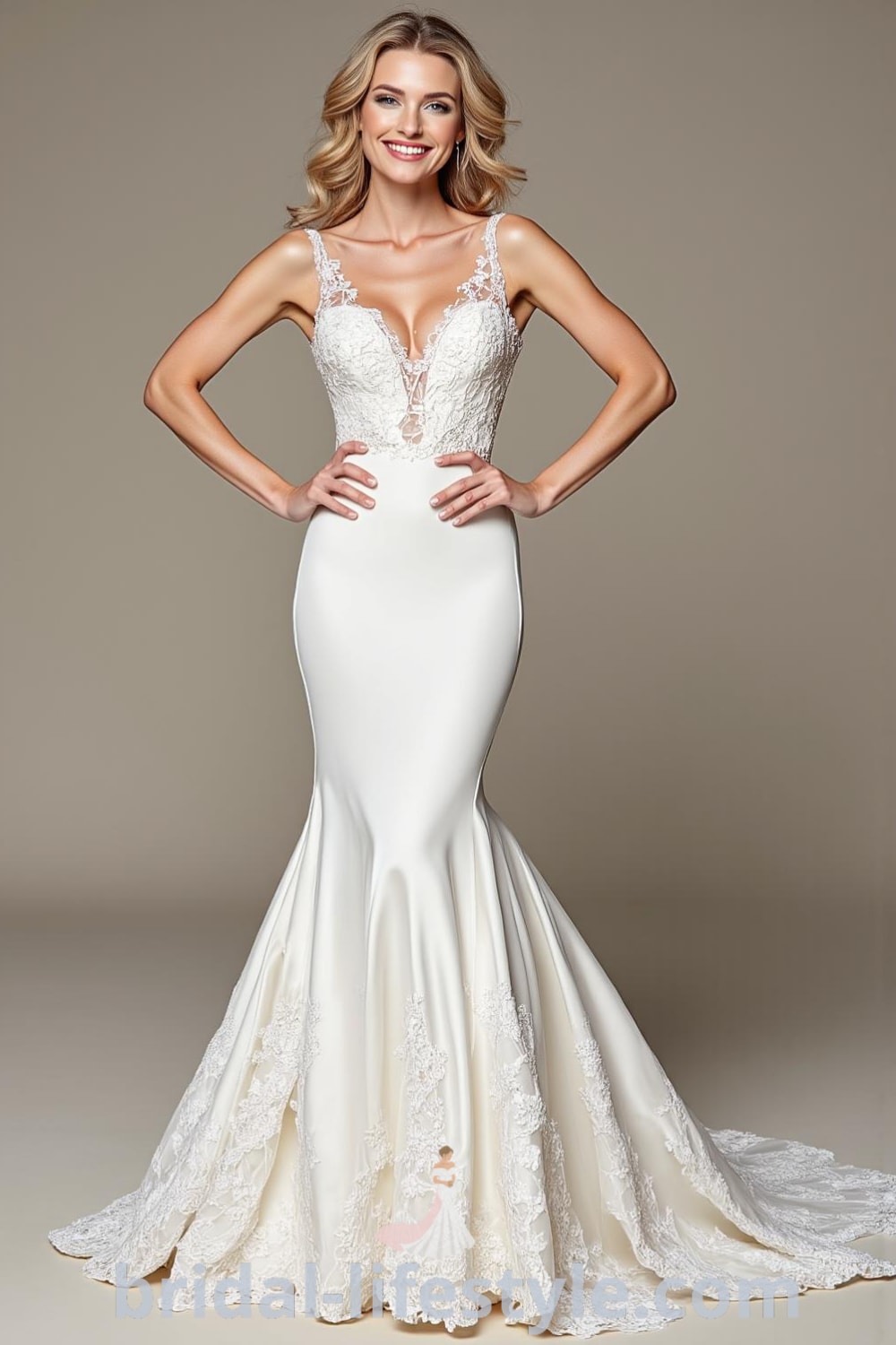 Mermaid wedding dress with intricate lace appliqués on the fitted bodice, lustrous satin fabric, a delicate sheer neckline, and a romantic train flowing behind. bridal-lifestyle.com
