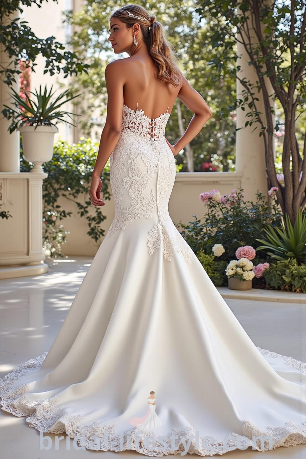 Stunning mermaid wedding dress made from luxurious satin, featuring intricate lace appliqués, a strapless design, and a lace-up back, perfect for a beautiful wedding. bridal-lifestyle.com