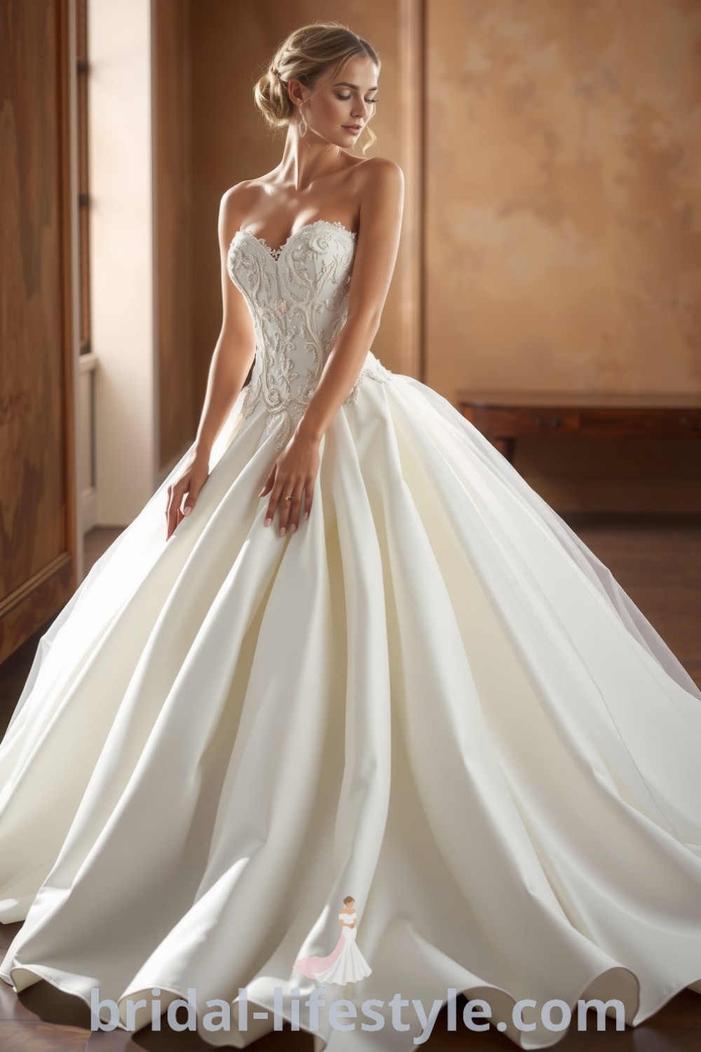 A stunning princess gown with satin layers, sweetheart neckline, intricate lace appliqué, and a voluminous floor-length skirt, ideal for brides seeking elegance. bridal-lifestyle.com