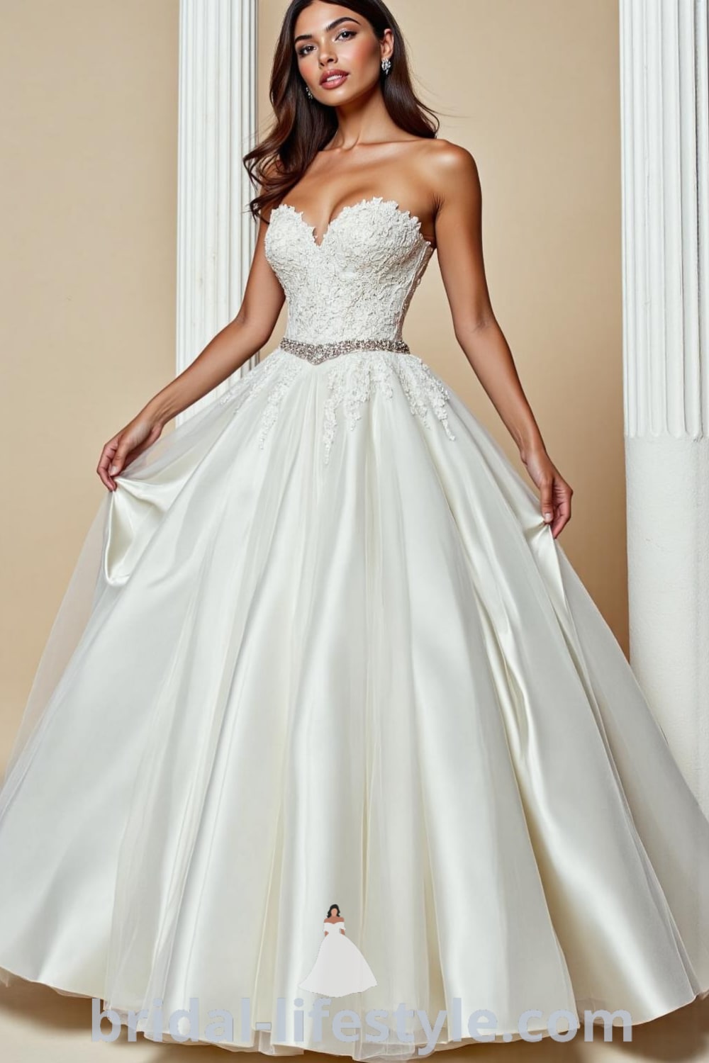 Princess ballgown with satin bodice, intricate lace detailing, voluminous tulle skirt, sweetheart neckline, and beaded belt. bridal-lifestyle.com