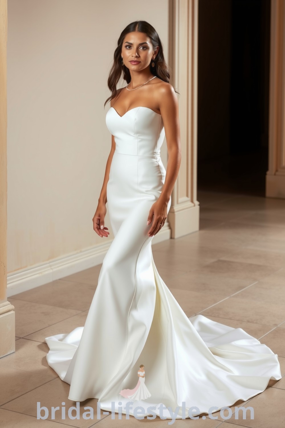 Luxurious satin mermaid wedding dress with a sweetheart neckline and dramatic train, embodying elegance for dreamy brides. bridal-lifestyle.com