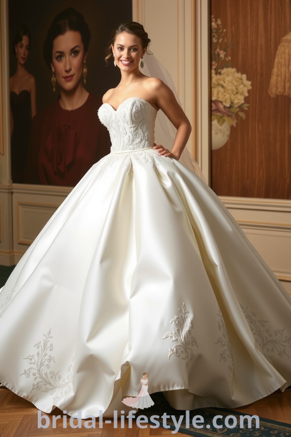 A radiant bride in a sumptuous satin ballgown with fitted bodice and voluminous skirt, embellished with intricate lace appliqués, showcasing elegance and romance. bridal-lifestyle.com