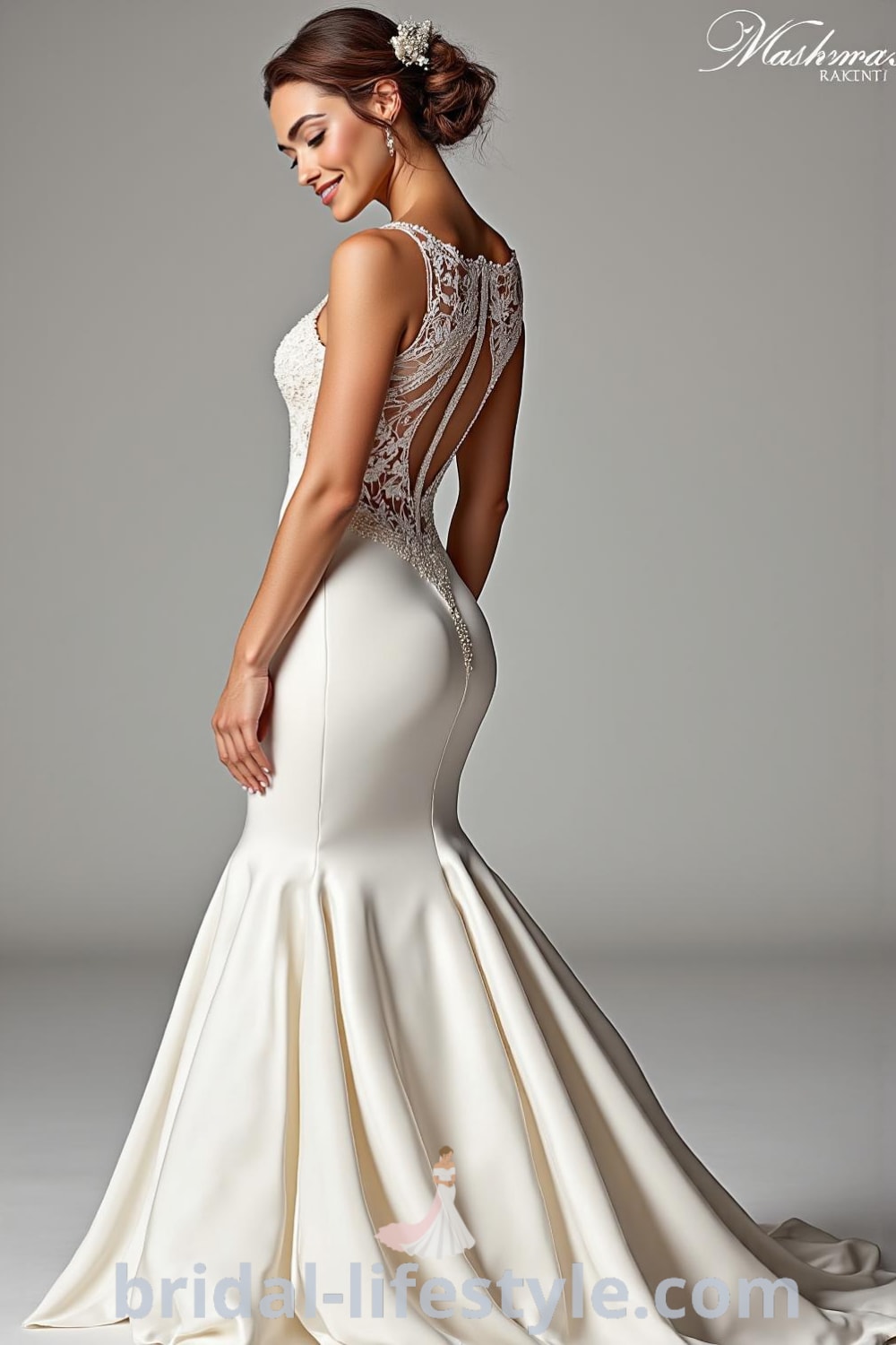 Mermaid wedding dress in luxurious satin with open back featuring lace detailing and beads, beautifully hugging curves with a cascading train. bridal-lifestyle.com