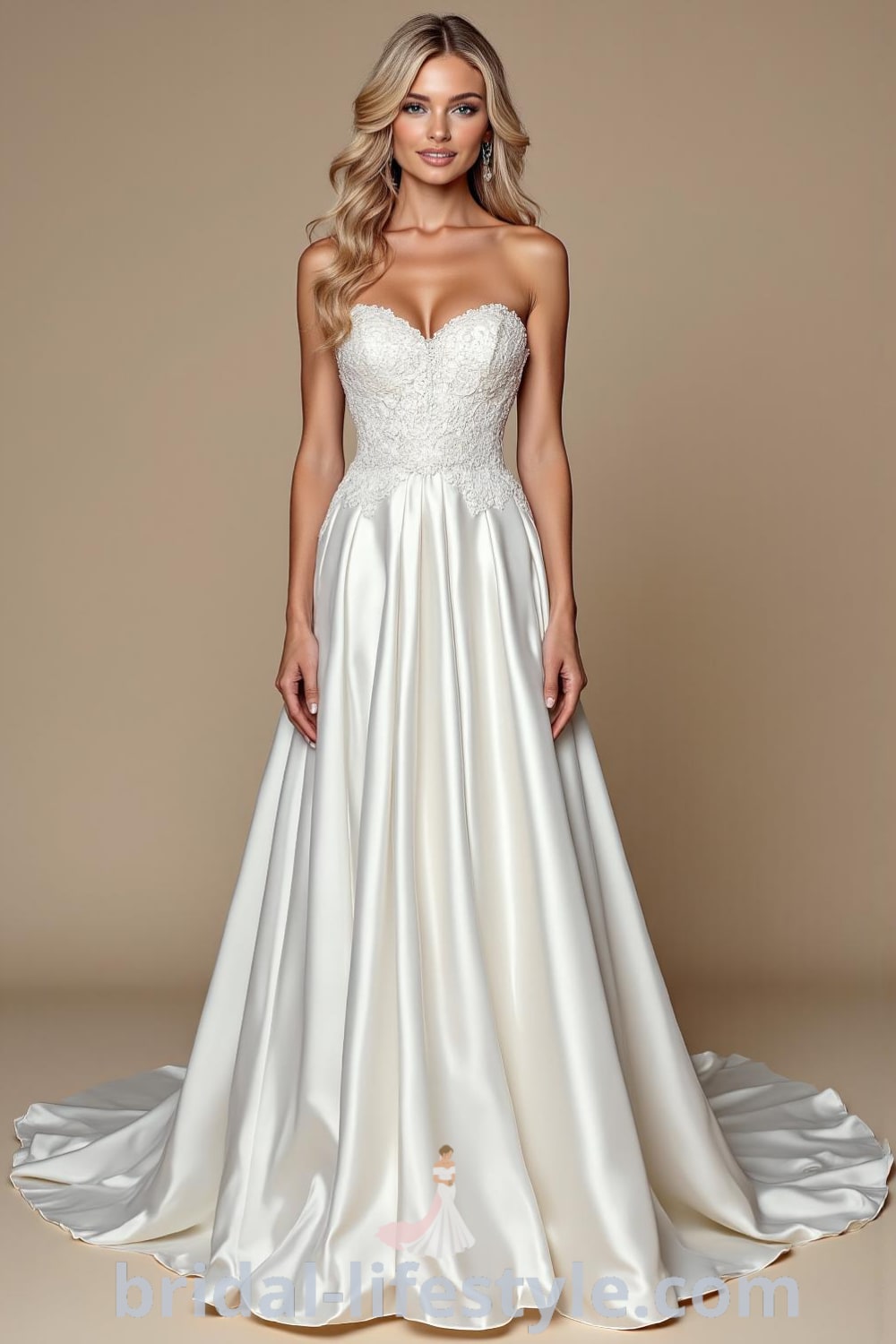 A-line wedding dress with sweetheart neckline, luxurious satin fabric, intricate lace appliqués on the bodice, and a flowing skirt. bridal-lifestyle.com