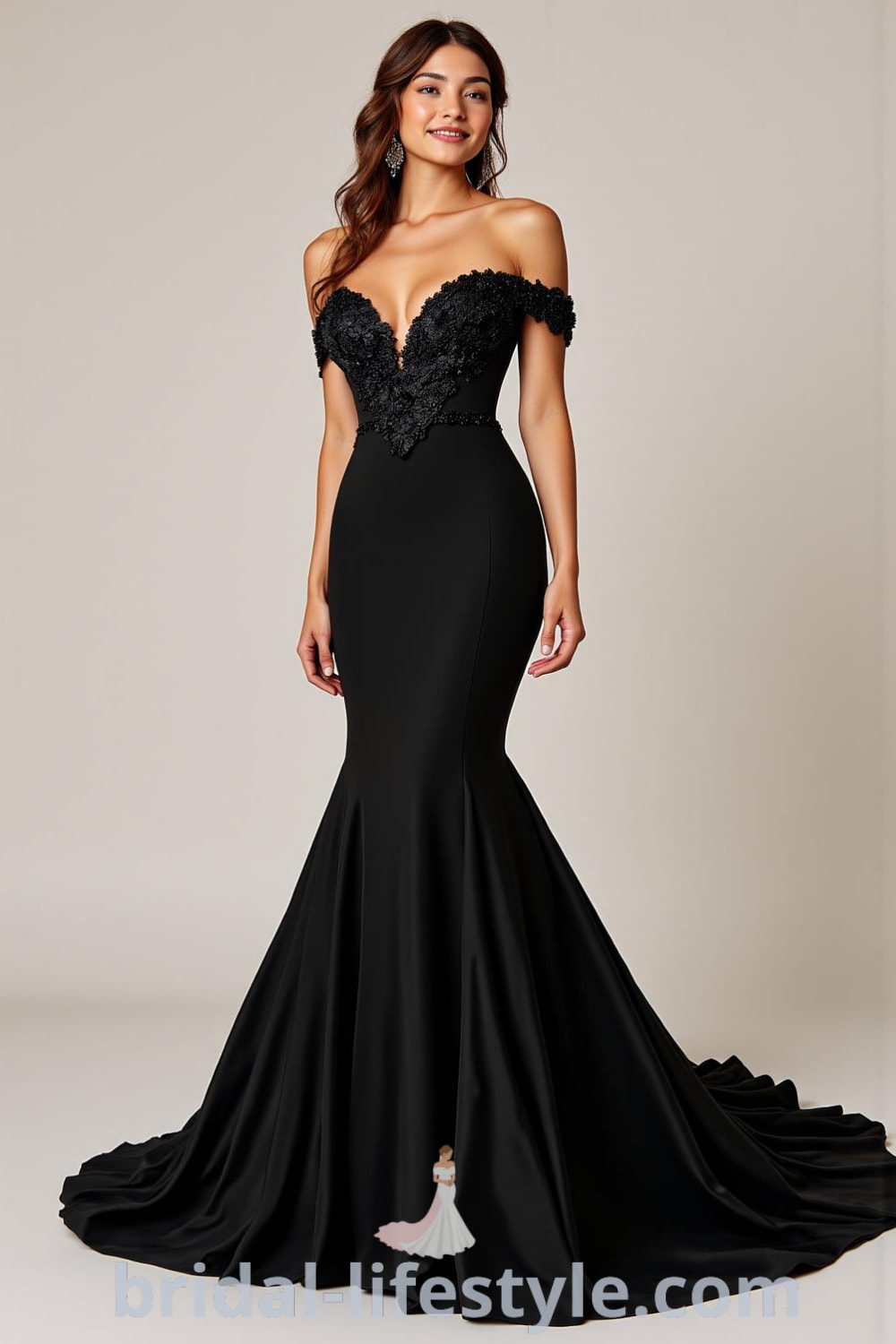 Elegant black mermaid wedding dress with satin fabric, intricate lace appliqués on the hips, and a dramatic train, showcased on pinshoesoutfits.com.