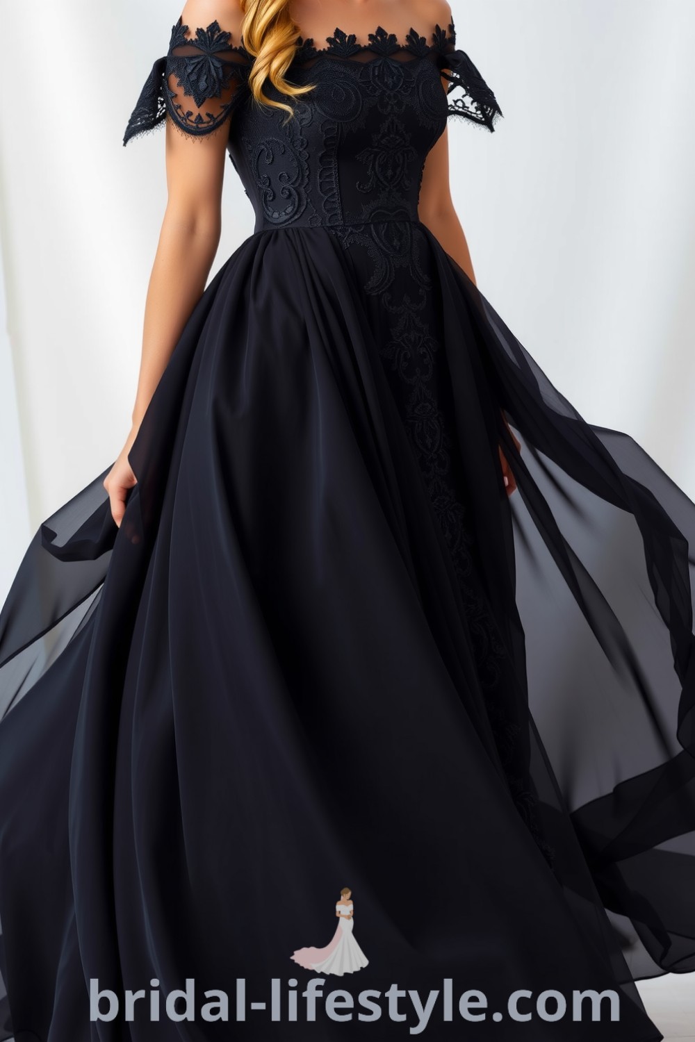 Elegant black bohemian wedding dress with layers of chiffon, intricate lace detailing from bodice to skirt, and off-shoulder sleeves designed for outdoor ceremonies. bridal-lifestyle.com