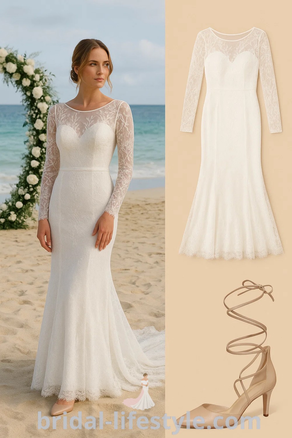 white lace gown with long sleeves, strappy nude heels, elegant boho beach wedding dress, fitted gown with flared bottom, rustic wedding dress, bridal gown styles, perfect for outdoor wedding, visit pinshoesoutfits.com for more inspiration