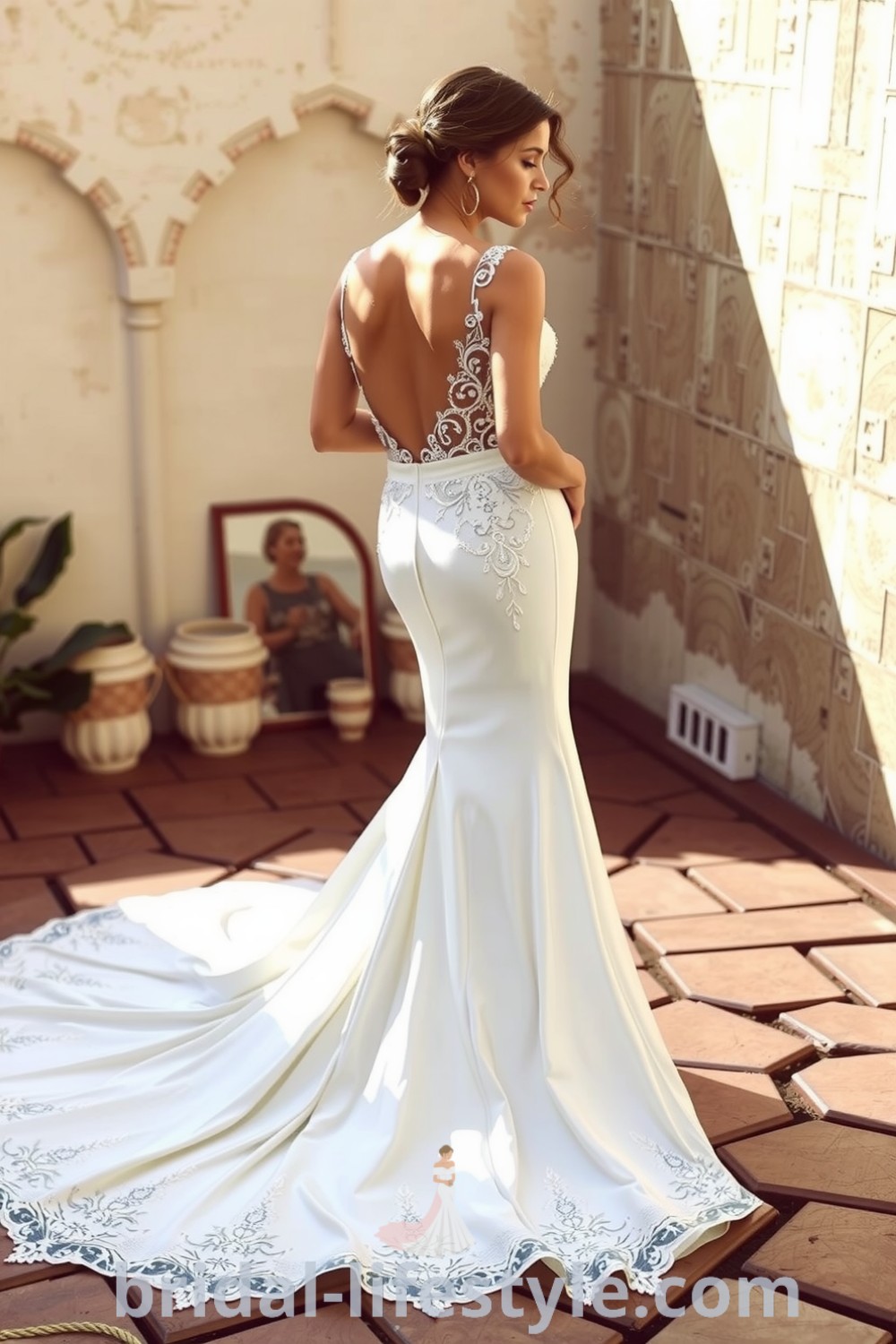 Mermaid wedding dress in soft satin with an open back and intricate lace detailing, designed for graceful silhouettes. Ideal for dreamy brides seeking elegance and romantic aesthetics. bridal-lifestyle.com