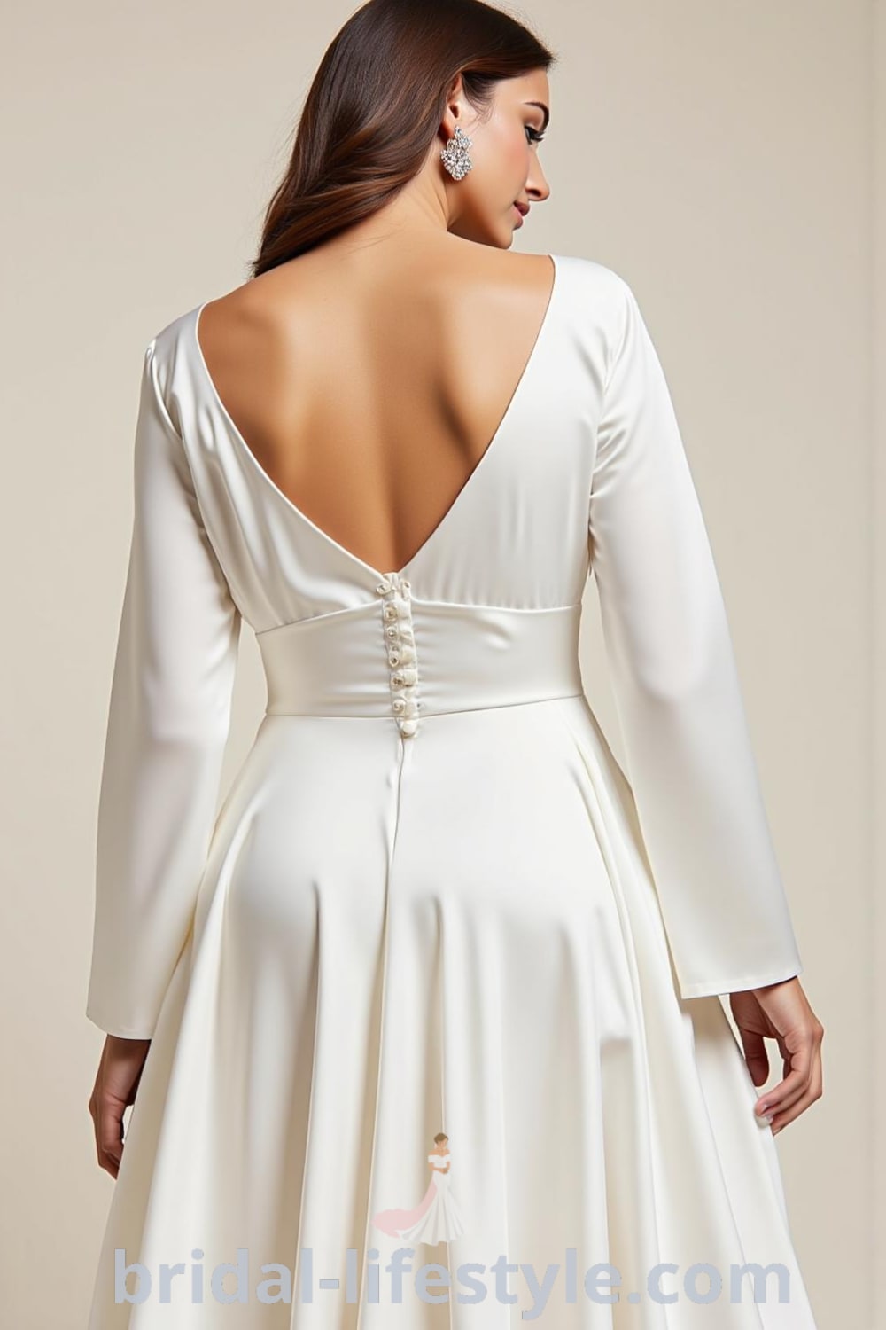 Minimalist long sleeve wedding dress in ivory satin with a fitted bodice, A-line skirt, delicate button detailing at the back, and full sleeves. bridal-lifestyle.com
