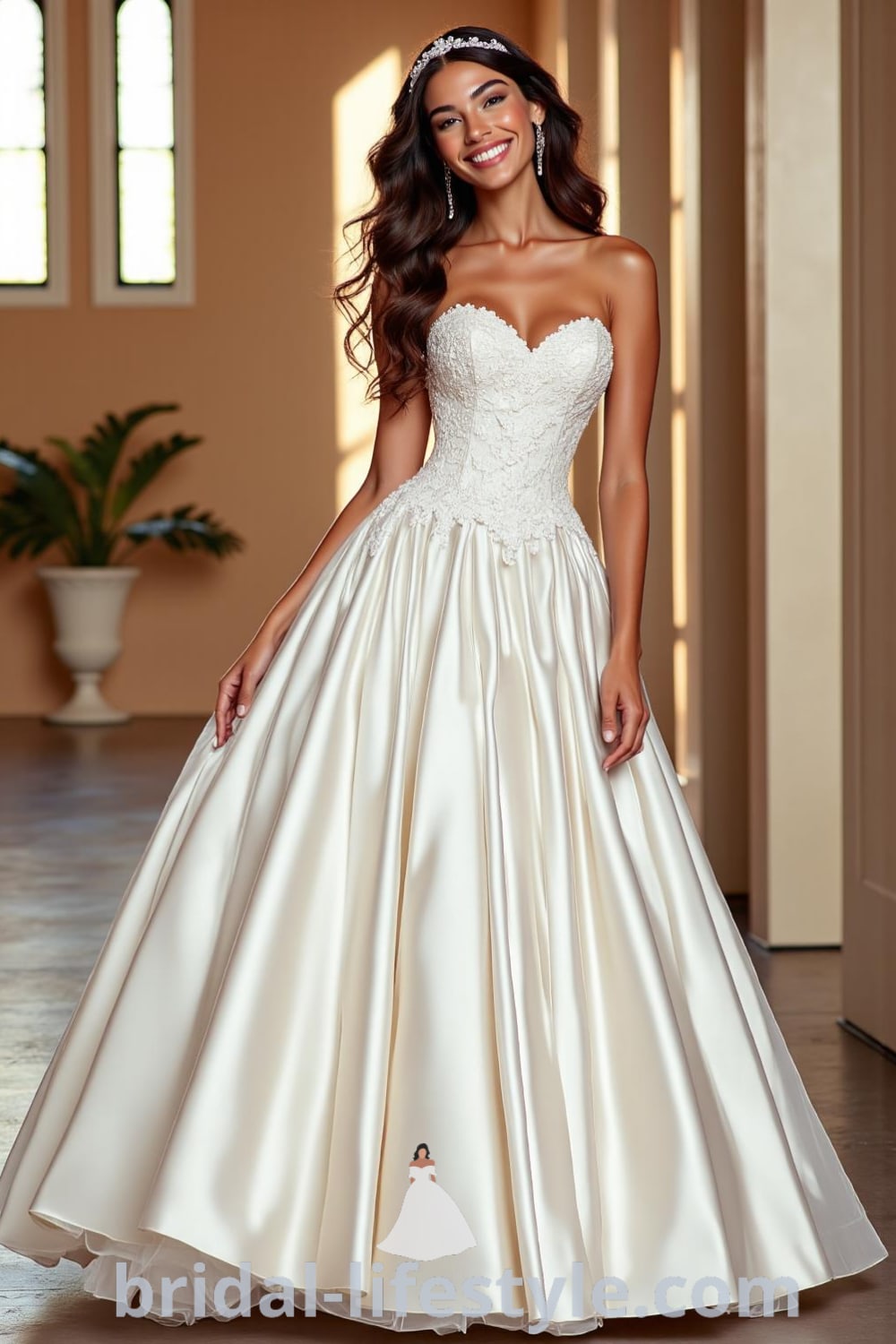 Magical princess ballgown with satin and tulle layers, intricately adorned lace bodice, and a corset back for a perfect fit. bridal-lifestyle.com